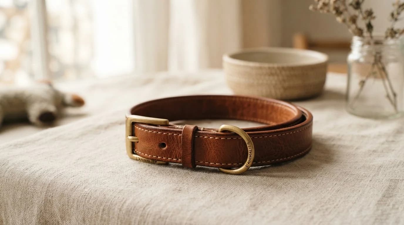 Collar de cuero coñac hecho a mano con herrajes de latón mate sobre lino.